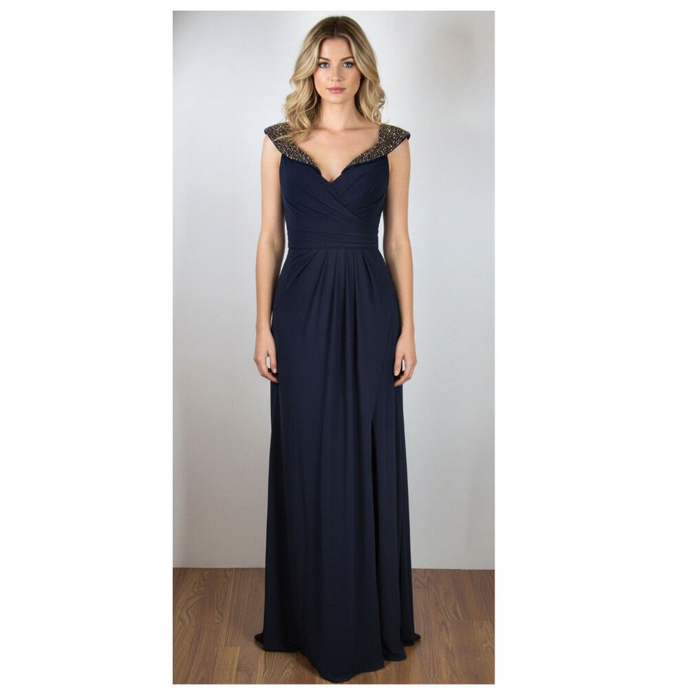 XSCAPE Off the Shoulder Beaded Gown, Navy Blue, Womens Size 2